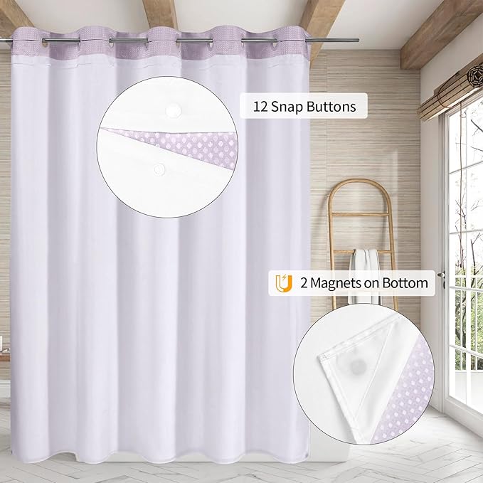 MitoVilla Purple Long Shower Curtain Liner Set 72 x 80, No Hooks Needed 80 inch Long Heavyweight Waffle Fabric Shower Curtain Set with Snap-in Liner for Hotel Grade Spa-Like Bathroom Decor, Lavender
