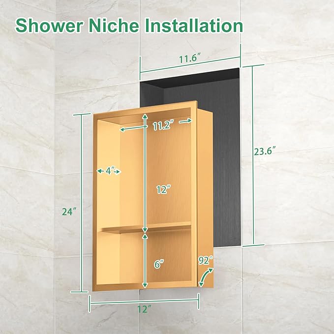 SaniteModar Shower Niche, Stainless Steel Niche for Shower Wall,18" x 12" No Tile Needed,Recessed for Bathroom Storage (Brushed Gold, 18" x 12" Double)