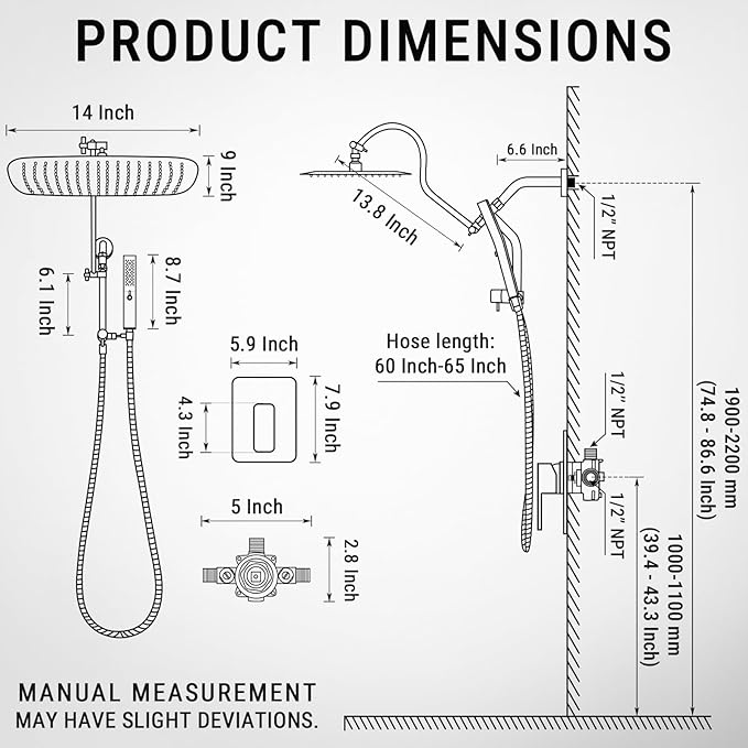 G-Promise 14 Inches Shower Faucet Sets Complete, All Metal Rainfall Shower Head and Handle Set, Extended Downward Diverter, Extension Arm and Pressure Balance Rough-in Valve Included