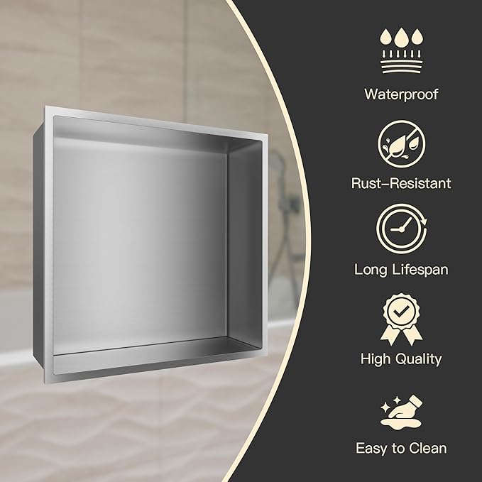 12" X 12" Shower Niche Insert Tile Ready, Niche for Shower Wall, Stainless Steel Recessed Shelf No Tile Needed for Bathroom Storage, Brushed Nickel