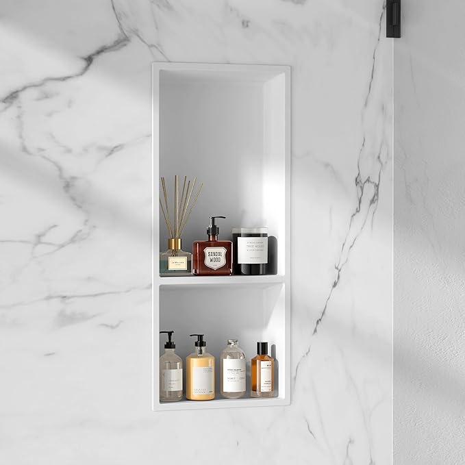 Shower Niche No Tile Needed, 12.2"x28.7"x3.8", Vertical Double Recessed Wall Niche, Bathroom Wall Niche Inserts, SMC Shower Shelf (White)