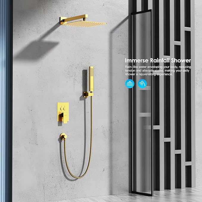 Shower System Shower Faucet Set with Push-Button Diverter and Wall Supply Elbow 12 Inch Shower Head Brushed Gold