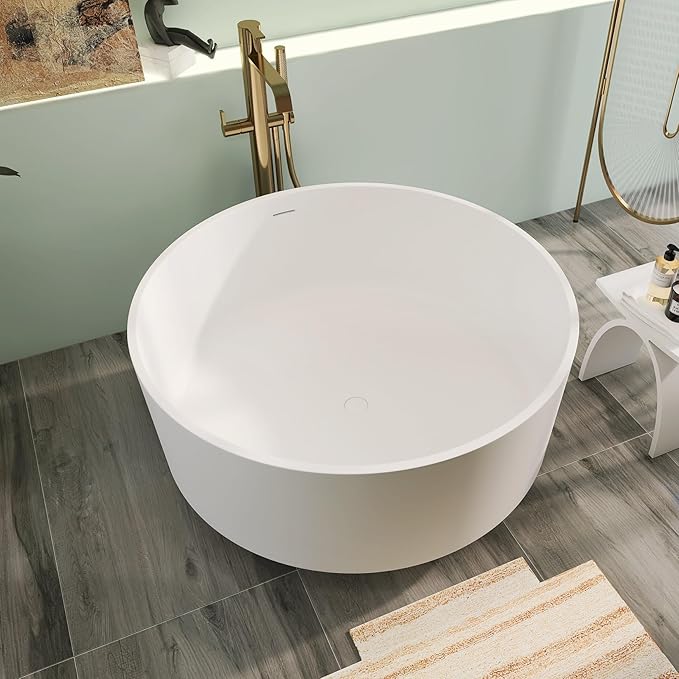 49" Premium Solid Surface Freestanding Bathtub, Upgraded Round Soaking Deep Stone Resin Tub with Overflow and Pop-up Drain, Matte White