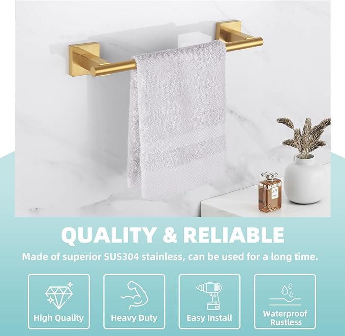 Suyar Brushed Gold Hand Towel Holder, SUS 304 Stainless Steel Short Towel Bar for Bathroom Wall, 13.78 Inch