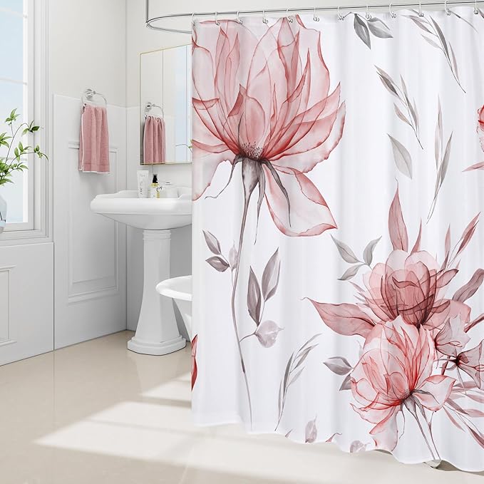 Extra Long Boho Watercolor Floral Shower Curtain 72 x 84, Red and Grey Ink Painting Style Flower Shower Curtains for Chic Elegant Bathroom, Artistic XL Fabric Cloth Shower Curtain