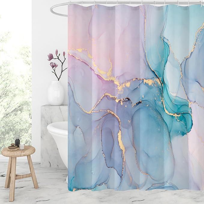Gibelle Long Fabric Shower Curtain 72 x 78, Tall Abstract Marble Shower Curtain, Pink Turquoise Modern Ink Art Waterproof Fabric Shower Curtain Set with Hooks