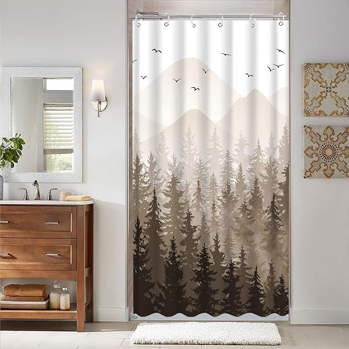 Aipon Brown Misty Forest Shower Curtain Ombre Nature Tree Plants Shower Curtains Fabric Waterproof Mountain Shower Curtain Sets for Bathroom Bath Decor (Brown, 36'' × 72'')