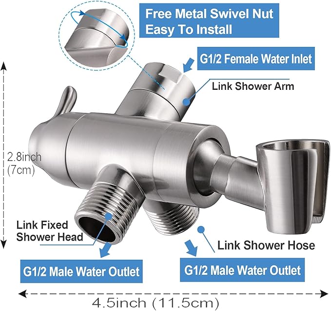 Shower Arm Diverter with Handshower Mount, G1/2 Brass Shower Diverter Valve Bathroom Universal Shower System Replacement for Handheld Shower and Fixed Shower Head, Brushed Nickel