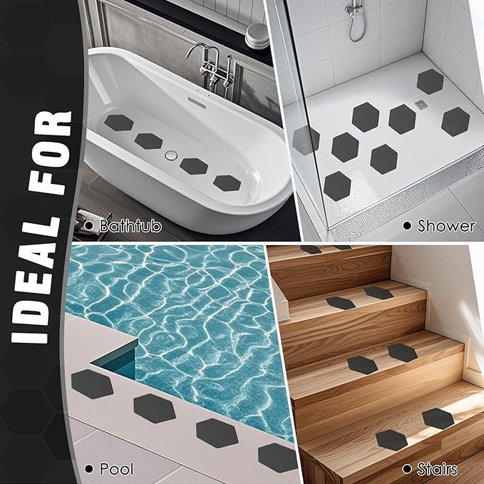 S&X 24 Pcs Shower Non Slip Stickers (Large 4.7" Hexagon), Modern Black Bathtub Non Slip Stickers, High Traction Grit Safety Decals for Tub Floor, Waterproof with Scraper