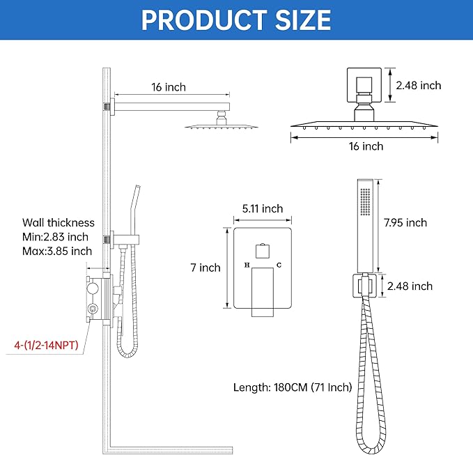 16 Inch Luxury Rain Shower Faucet Set, Brushed Gold Shower System with Rainfall Shower Head and Handheld Spray, SUS304 Stainless Steel and Solid Brass Wall Mounted Shower Valve Trim Kit