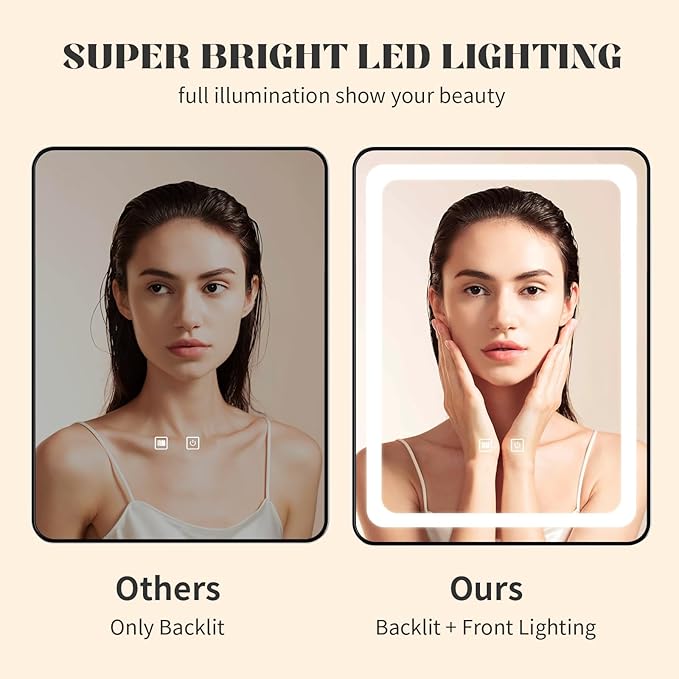 LED Bathroom Mirrors with Lights,24" x 36" Black Square LED Mirror for Bathroom,Fogless,3 Colors Dimmable, Touch Sensor