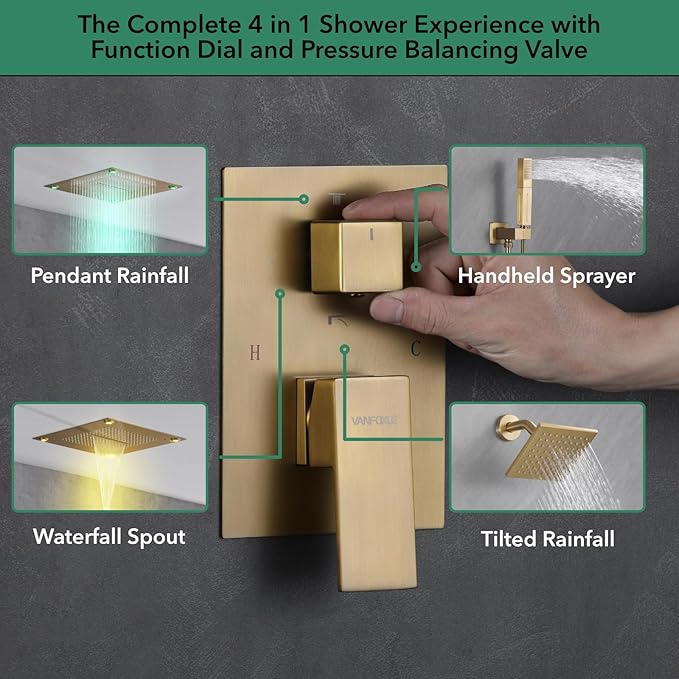 VANFOXLE Shower Faucet Set Brushed Gold Shower System,Shower Faucet with 2 in 1 Handheld,Ceiling Mount 16 Inch Shower Head+6 Inch Shower Head(Rough-in Valve Body and Trim)