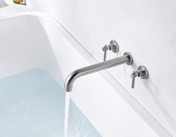 Wall Mount Tub Filler Faucet Brushed Nickel High Flow Bathtub Faucet Two Handles Solid Brass, Long Spout Reach, sumerain