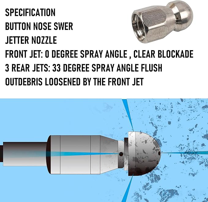Hourleey Sewer Jetter Kit for Pressure Washer 50FT, Drain Cleaner Hose 1/4 Inch NPT, Orifice 4.0 Button Nose and Rotating Sewer Jetting Nozzle Spanner Tape Pearl Corsage Pin, 4000 PSI