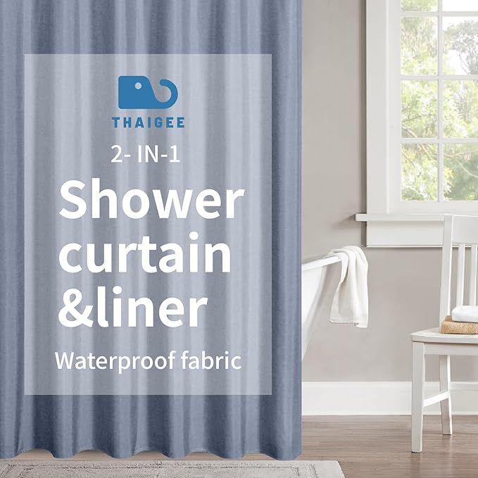 2-in-1 Waterproof Extra Long Fabric Shower Curtain or Liner,Linen Textured,96 Inch Breathable TPU & Washable Bathroom Shower Curtain Set with 12 Plastic Hooks,Modern,72"x96" Blue Gray
