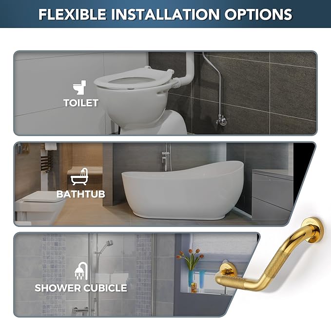 Grab Bars for Bathtubs and Showers- 1-1/4 x 16 Angled Shower Grab Bar for Seniors Knurled Stainless Steel Handicap Grab Bars for Wall (Gold, 2 Pack)