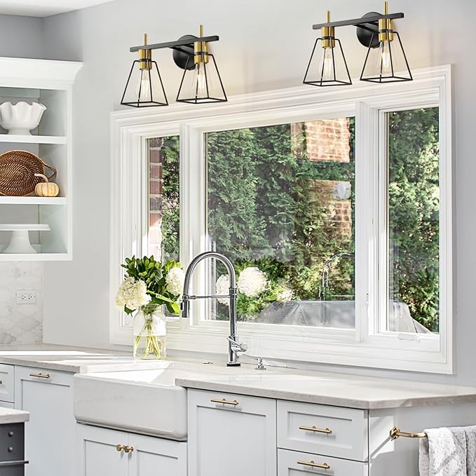 Industrial Bathroom Vanity Lights: 2 Lights Black and Gold Vintage Metal Cage Wall Sconces - Rustic Farmhouse Lightning Fixture Over Mirrors Cabinet for Home Hallway