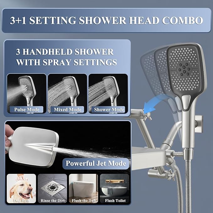 High Pressure Wide Rain Shower Head with Handheld Spray Combo, 14 Inch Rainfall Shower Heads with Adjustable Extention Arm, Dual Waterfall Showerhead with 3-Way Diverter(Brushed Nickel)