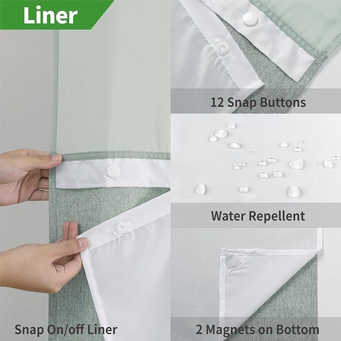 No Hooks Needed Linen Textured Shower Curtain with Snap-in Fabric Liner Set,Hotel Luxury Decor Shower Curtains for Bathroom with Mesh Top Window,Waterproof & Washable,71Wx74H,Sage Green