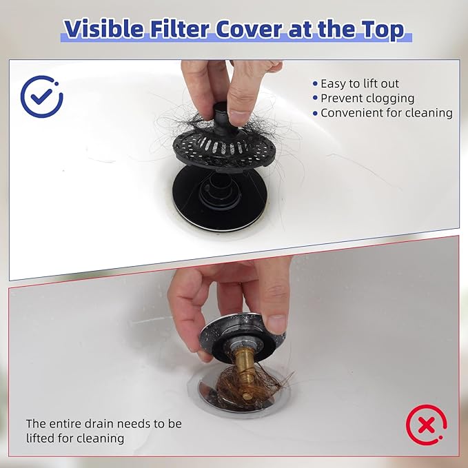 Metal 2 Pack Bathtub Drain Stopper with Top Hair Catcher, 3 in 1 Pop-up Bathtub Strainer, Tub Stopper with Detachable Stainless Steel Filter Basket for Standard 1.5 to 2.4'' Drain, Matte Black