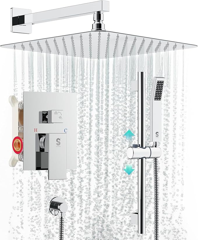 SR SUN RISE 10 Inch Square Shower Faucet, Adjustable 16-Inch Slide Bar Hand Held Shower with Hose, Square Rain Shower Head and Handheld Spray Included Valve and Shower Trim Kit, Polished Chrome