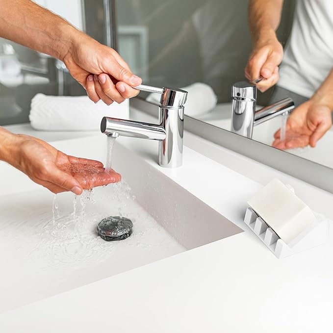 Silicone Soap Dish (USA Patented) Self Draining Bar Soap Holder for Shower Bathroom Sink, Drying Soap Dish Tray Kitchen Sponge Holder Easy Cleaning Soap Saver Mat (Pure White, 2)