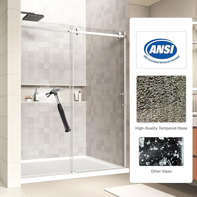 48" x 72" Frameless Sliding Shower Door, (1/4") Tempered Glass, Heavy-Duty 304 Stainless Steel Hardware, Adjustable 46-48" Width, Silent φ45 Rollers & 6" Handle, No-Leak F-Type/Bubble Seals