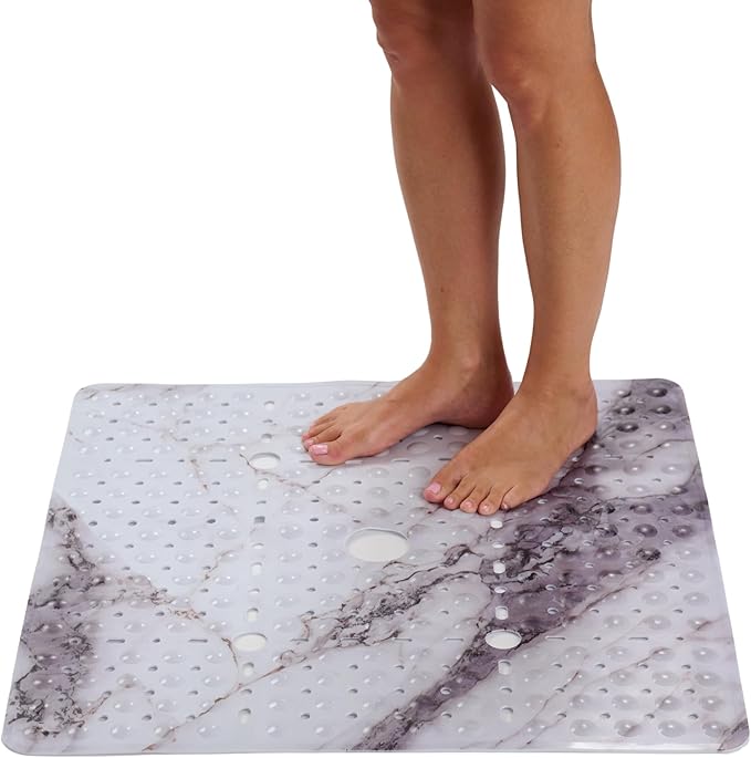 ENKOSI Square Shower Mat 27x27 inch - Anti Slip Shower Stall Floor Mat - Non Slip Shower Mats with Strong Secure Suction Cups and Drain Holes in Middle (27x27 Marble Grey)