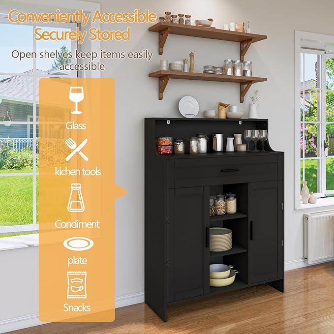 Storage Cabinet with Doors and Drawers, Kitchen Storage Cabinet with 1 Large Drawer,2 Doors,and 2 Adjustable Shelves,for Bathroom/Kitchen/Living Room/Entrance Hall (Black)