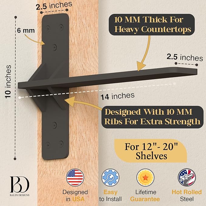 14 inch Floating Countertop Support Brackets by Balin Designs, Free hanging Floating Shelf Brackets Heavy Duty, Invisible Wall Shower Bench T Support for Vanities, Granite Countertops, (2 pack)