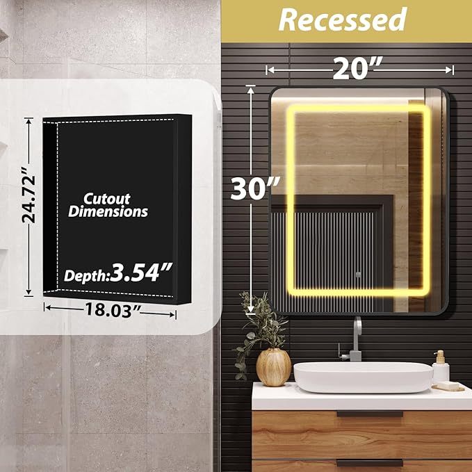 APRILSOUL 20X30 Inch Black Bathroom Medicine Cabinet with Mirror, Recessed or Surface Lighted Medicine Cabinet with 3 Colors Temperature, Dimmable Light
