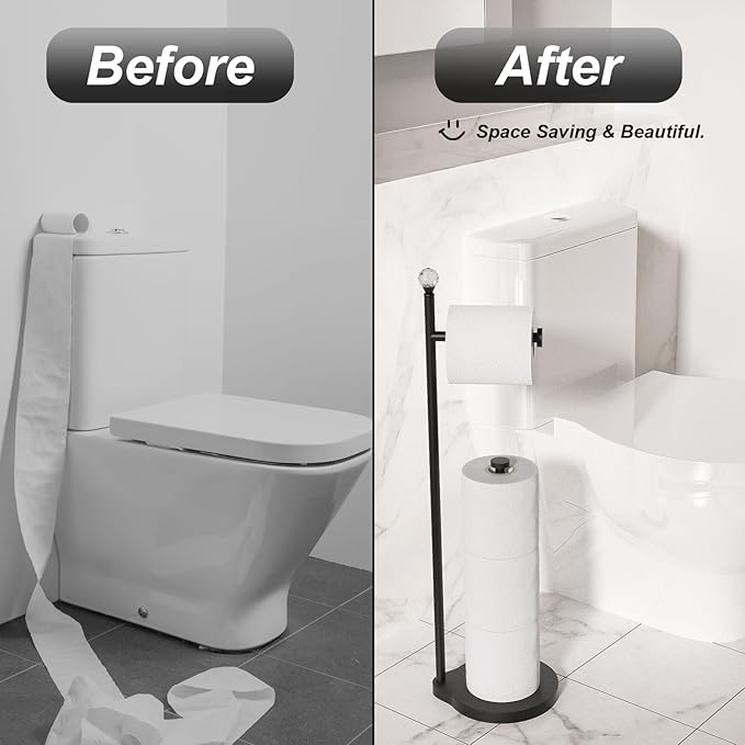 Toilet Paper Holder for Bathroom, Heavy Weighted Metal Free Standing Toilet Paper Storage with Crystal Ball, Toilet Paper Stand for Bathroom Accessories, Matte Black [Holds MEGA Rolls]