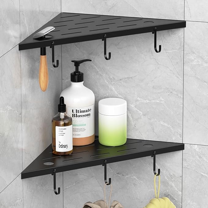 Corner Shower Shelves, 10" Matte Black 304 Stainless Steel Recessed Shelf for Bathroom，Grout in Shelf with Hooks for Tiled Wall 2 Pack (Black)
