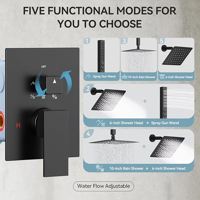 Shower Faucet Sets Matte Black Shower System,Bostingner Five Function Diverter Shower Faucets with 2 in 1 Handheld,10'' Ceiling Mount and 6’‘ Wall Mount Shower Head Rainfall Shower Set with Valve