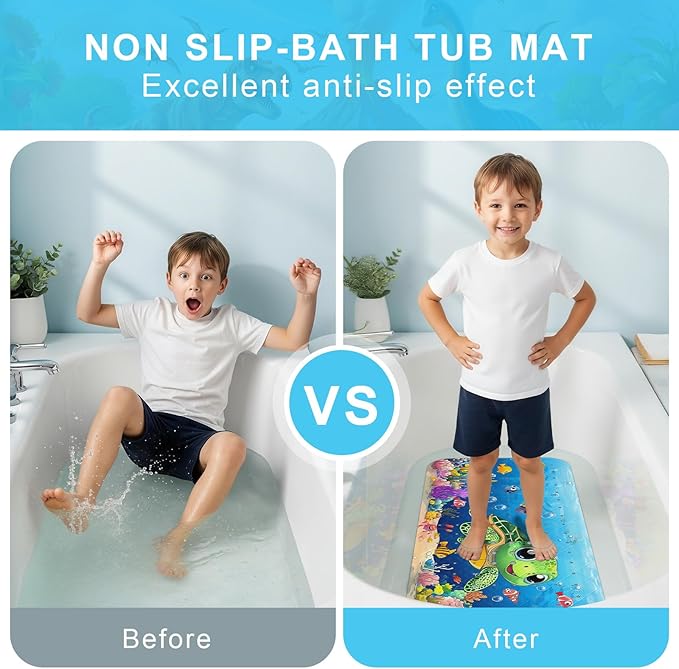 Upgrade Cartoon Baby Bath Mat Non Slip - 40"x16" Extra Long Bathtub Mat for Baby Eco Friendly Durable Bath Mat for Tub Non Slip Kids Tub Mat with Suction Cups, Machine Washable and No Fading, Turtle