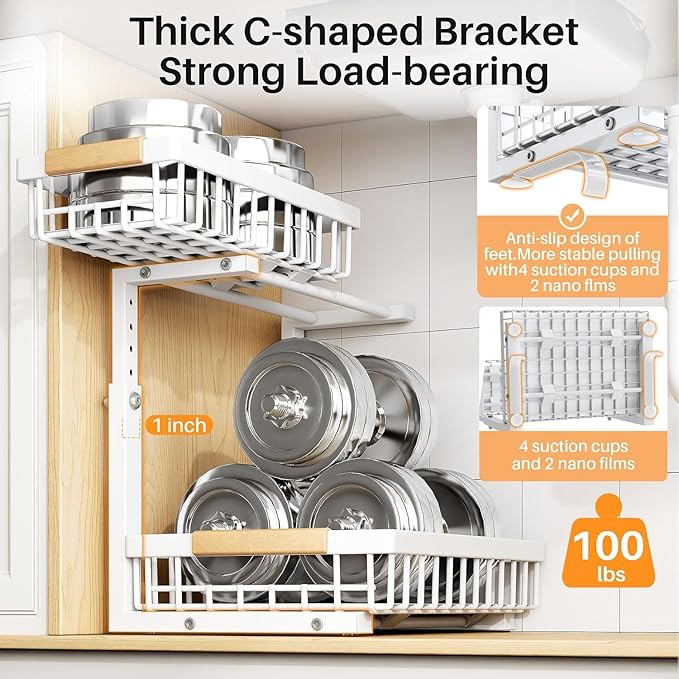 PXRACK 1 Pack Under Sink Organizer,Adjustable Height,2 Tier Pull Out Under Cabinet Organizer,Slide Out Thickened Metal Under Sink Storage for Kitchen Bathroom Laundry Cabinet Pantry,White(S)
