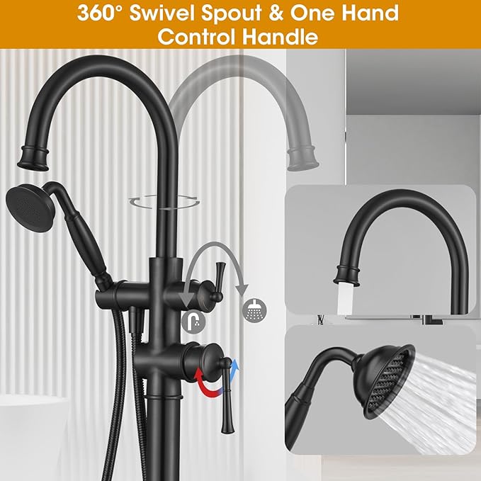 B2311-BK Freestanding Roman Tub Faucet with Antique Handheld, Swivel Gooseneck Spout Shower Mixer Taps - Matte Black High Flow Tub Filler