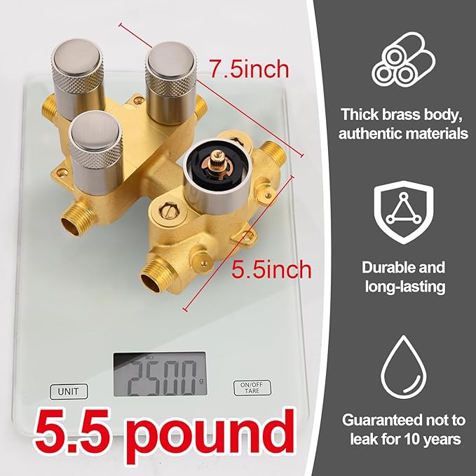 Modern Push Button 3 Way Thermostatic Shower Valve, Concealed 3 Outlet Multi Function Brass Mixer Shower Diverter Valve Kit Can Control Flow and On-Off Simultaneously, Brushed Nickel