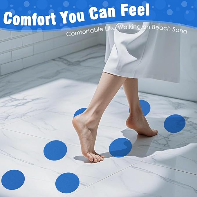 S&X 24 Pcs Non Slip Shower Stickers (Large 4" Round), Blue Anti Slip Grip Decals, High Traction Bathtub Dots, Durable Grit Stickers for Kids & Family Safety with Scraper