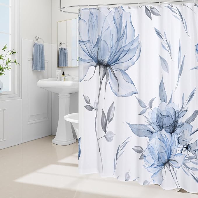 Small Stall Boho Watercolor Floral Shower Curtain 36 x 72, Blue and Grey Ink Painting Style Flower Shower Curtains for Chic Elegant Bathroom, Artistic Narrow Half Size Shower Curtain