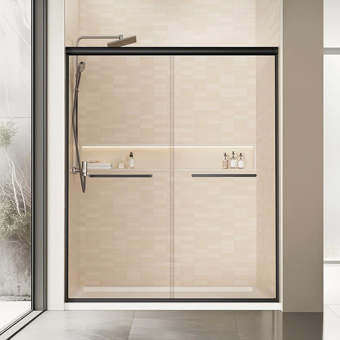 60" x 72" Frameless Sliding Shower Door, 6mm (1/4") Tempered Glass, Heavy-Duty 304 Stainless Steel Rollers & Handle, Adjustable 56-60" Width, No-Leak F-Type + Bubble Seals