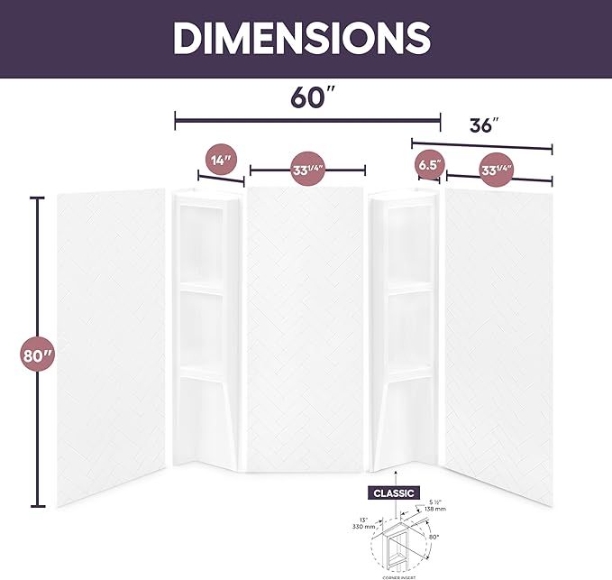 White Acrylic Shower Wall Surround 36"x 60"x 80" - Waterproof Easy-to-Install Two Shelf Units Kit Included - Shower Wall Surround Panels - Chevron Tiles Pattern, Classic Shelves