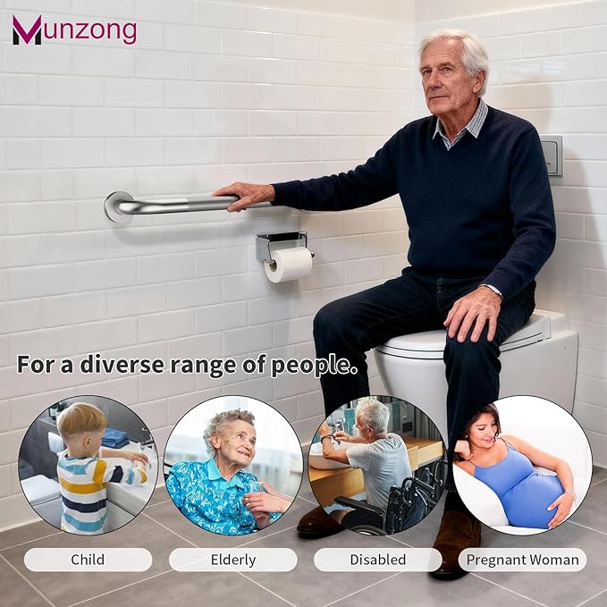 16 Inch Anti Slip Shower Grab Bar,Munzong Stainless Steel Handicap Grab Bars for Bathtubs and Showers,Brushed Nickel Knurled Balance Bar,Safety Hand Rail Support Elderly Senior Bath Handle