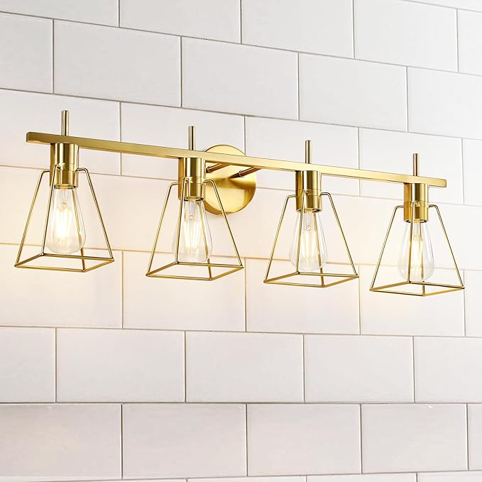 Industrial Bathroom Vanity Lights: 4-Lights Gold Brushed Brass Vintage Metal Cage Wall Lamps - Rustic Farmhouse Light Fixture Over Mirrors Cabinet for Painting Hallway