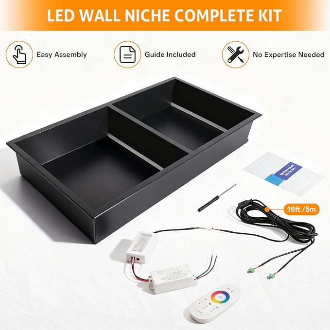 WICHEMI Stainless Steel Shower Niche 12" X 24", No Tile Needed Wall Niche with RGB Light, Recessed Shower Shelf for Bathroom Storage Over Mount Installation, Matte Black
