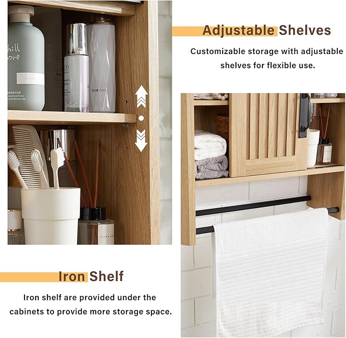 Bathroom Wall Cabinet, Farmhouse Medicine Cabinet with Sliding Barn Door & Adjustable Shelves, Wall Mounted Storage Cabinet for Toilet, Kitchen, Living Room (Natural Oak)