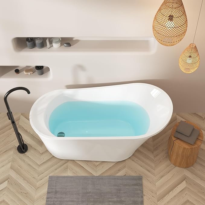 FerdY Langkawi 59" Acrylic Freestanding Bathtub, White Modern Stand Alone Soaking Bathtub, cUPC Certified, Brushed Nickel Drain and Minimalist Linear Design Overflow Included