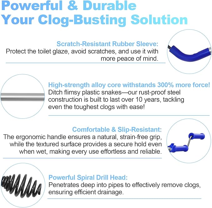 Toilet Snake Drain Clog Remover Tool, Closet Aauger Toilet Auger 6FT - Rust-Resistant with Non-Scratch Silicone Head, No Plumber Needed for Unclogging Toilets