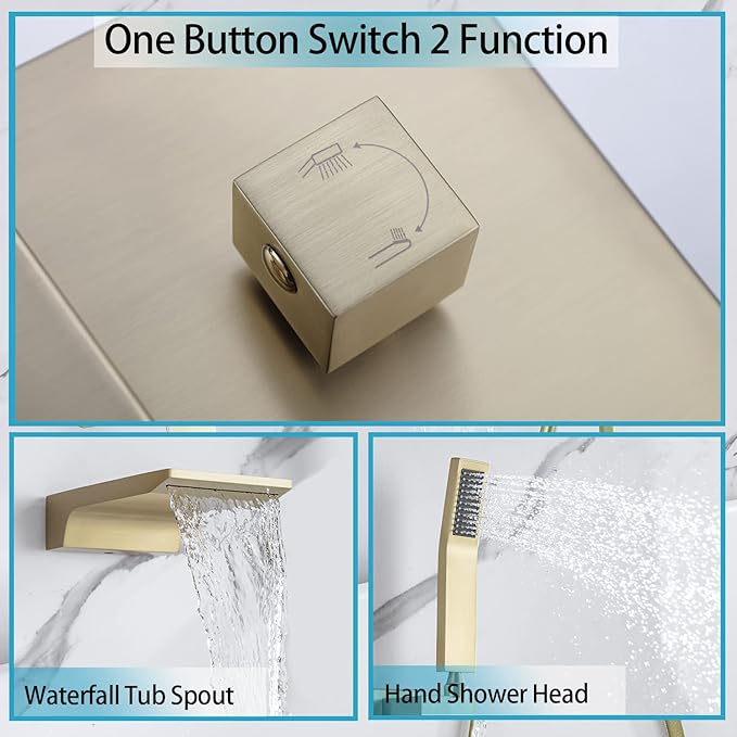 Wall Mount Roman Tub Filler Faucet Single Handle Bathroom Bathtub Faucet with Hand Sprayer Waterfall Tub Faucet with Hand Shower, Brushed Gold