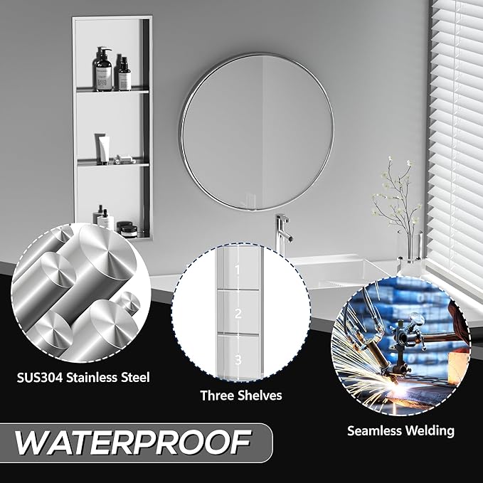 Neodrain12X36 Inch Shower Niche, Brushed 3-Tier Stainless Niches No Tile Needed Bathroom Wall Niche for Shower Storage Waterprooof, Recessed in Wall